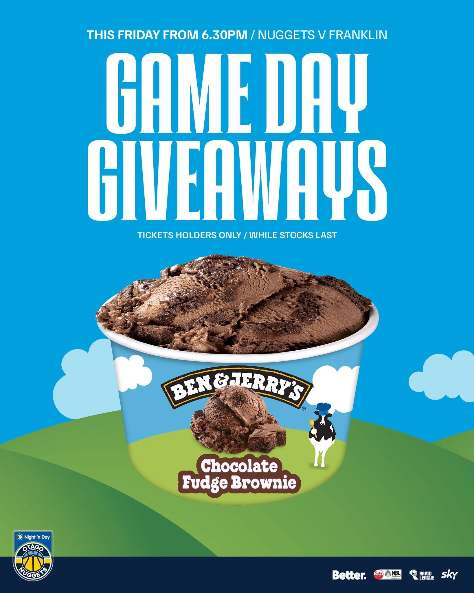 Game day just got sweeter! Score a free Ben &amp; Jerry&rsquo;s ice cream this Friday &ndash; ticket holders only, while stocks last! 💙

@nznbl @skysportnz @bettercreativenz @nightndaynz
