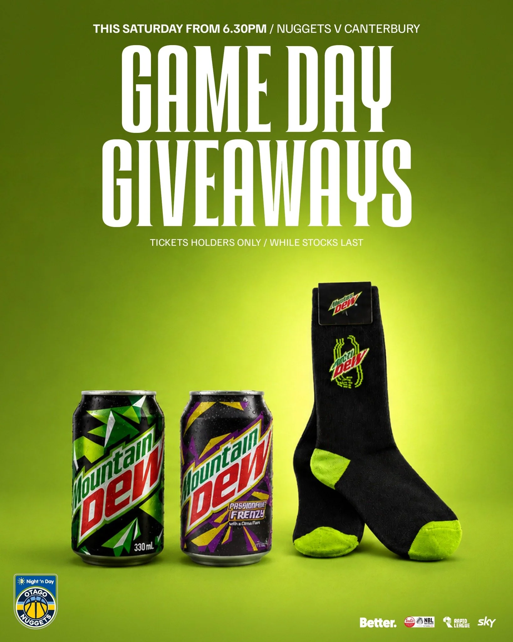 Game day just got even better! Score yourself a Mountain Dew Socks or Can this Saturday - giveaways for ticket holders only, while stocks last! 💚

@nznbl @skysportnz @bettercreativenz @nightndaynz