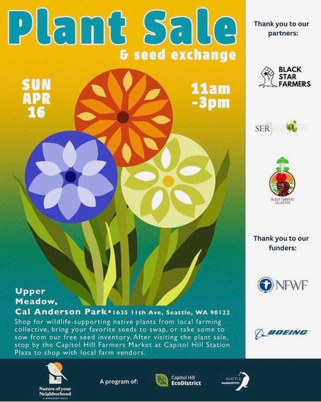 We will be present here on Sunday 4/16 from 11-3 at Cal Anderson Upper Meadow. We will be bringing native plants that we have been nursing for many months. We intend to offer these plants to community at the rate of only our labor and material costs.