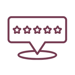A speech bubble with five purple stars inside, outlined with a purple border