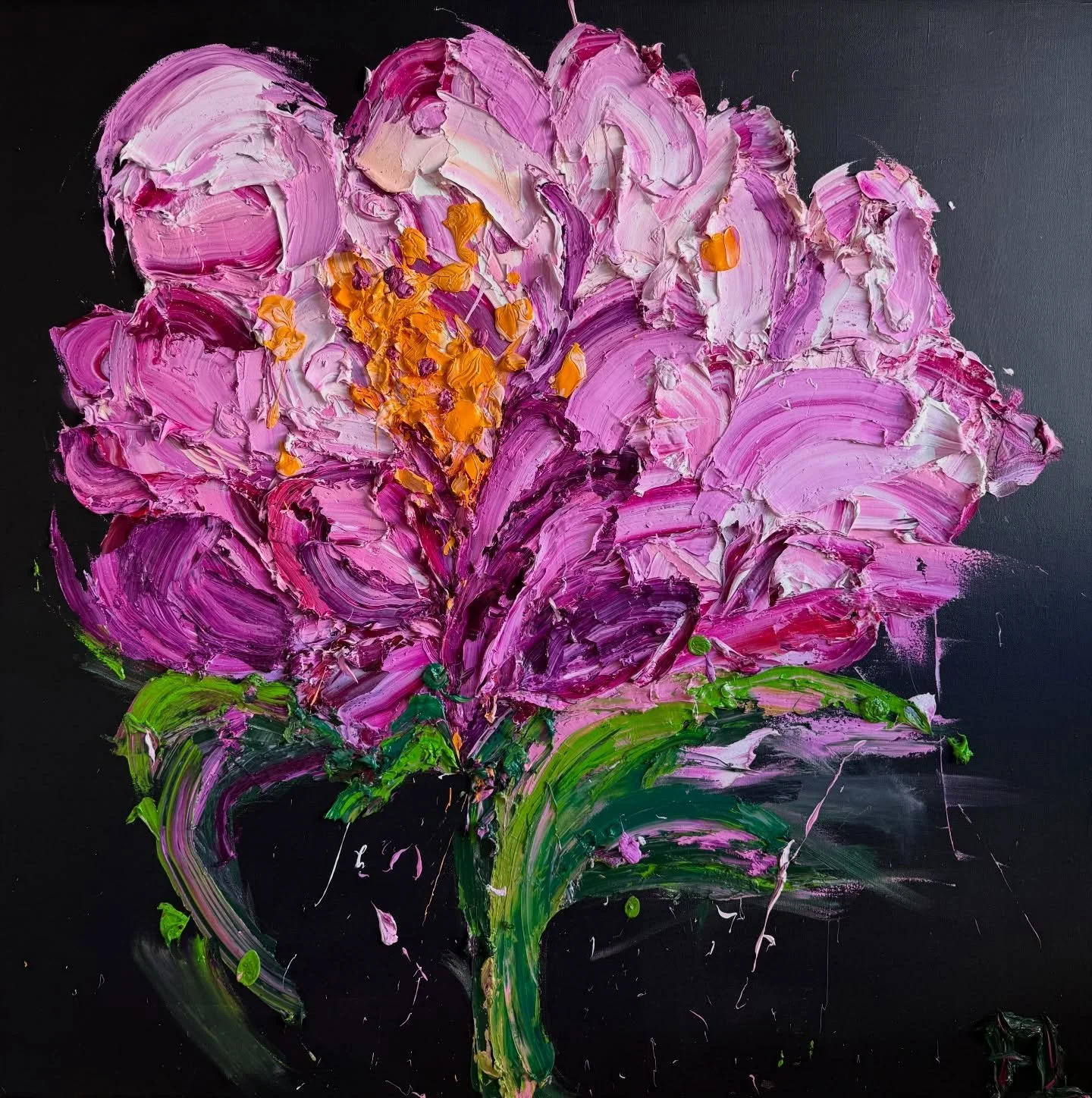 LOVE BOMBED

An exploration of intensity &mdash; luminous and fleeting.

Bold gestural movements sweep across the surface in saturated pinks and deep shadow, while the peony blooms in full presence at the centre of the chaos.

A moment suspended betw