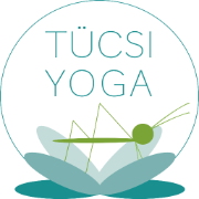 Logo of Tüçsi Yoga with a stylized grasshopper and a lotus flower background.