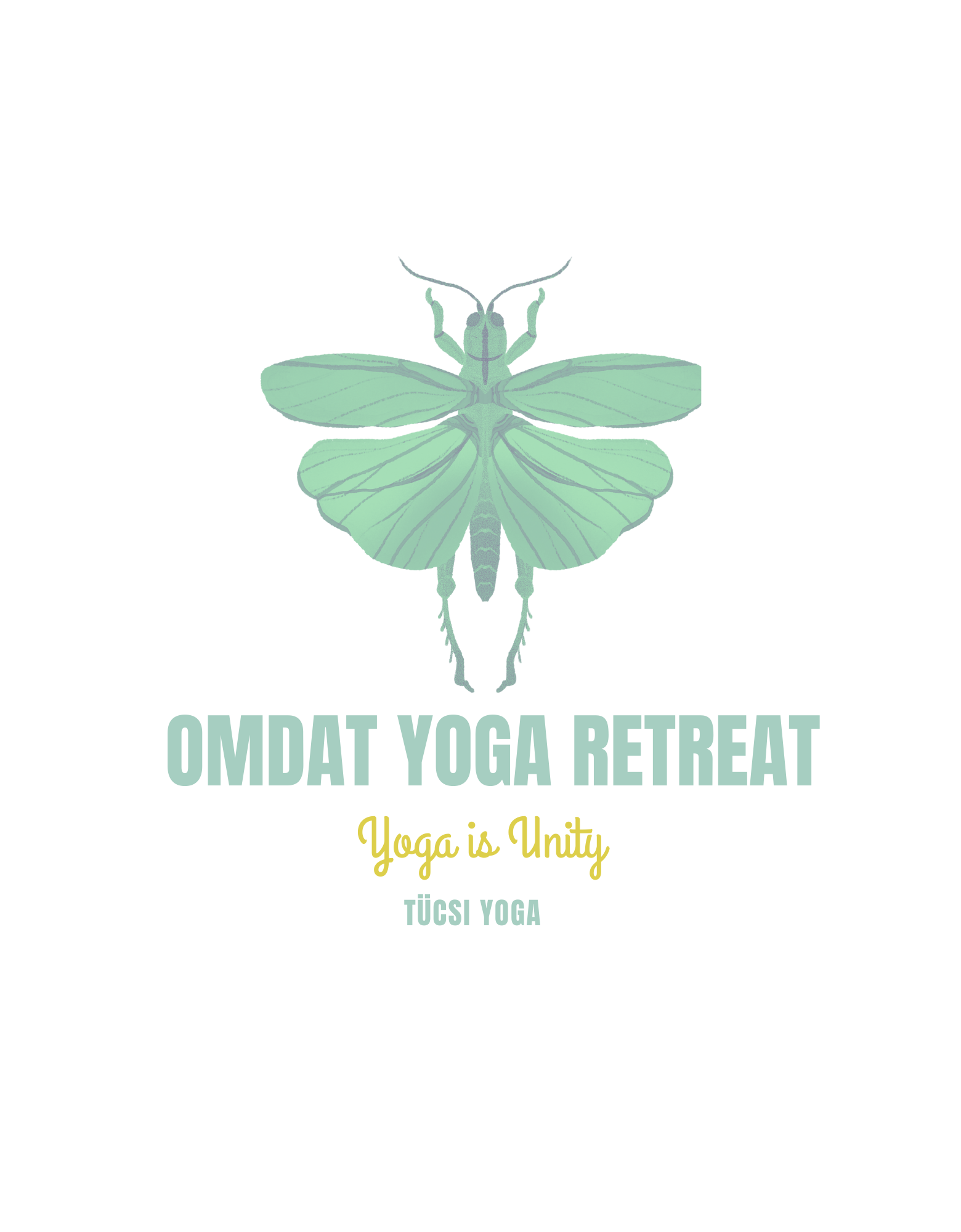 Logo featuring a stylized green insect with text "OMDAT YOGA RETREAT: Yoga is Unity" and "TÜCSI YOGA" beneath.