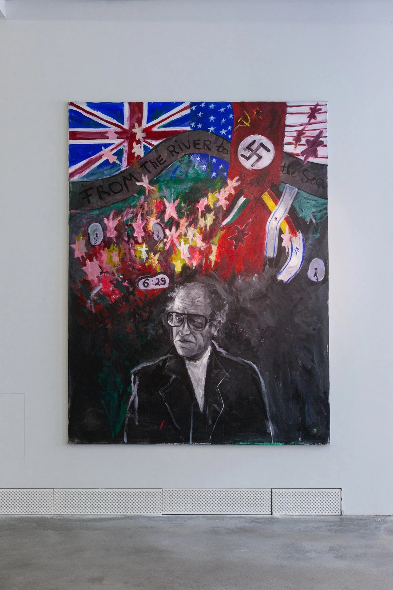 Yury Kharchenko 
Jean Amery am 7. Oktober um 6:29 Uhr in Israel, 2024, Acryl und Lack auf Leinwand, 200 x 150 cm, Courtesy the artist
Foto: ©Waldemar Brzezinski