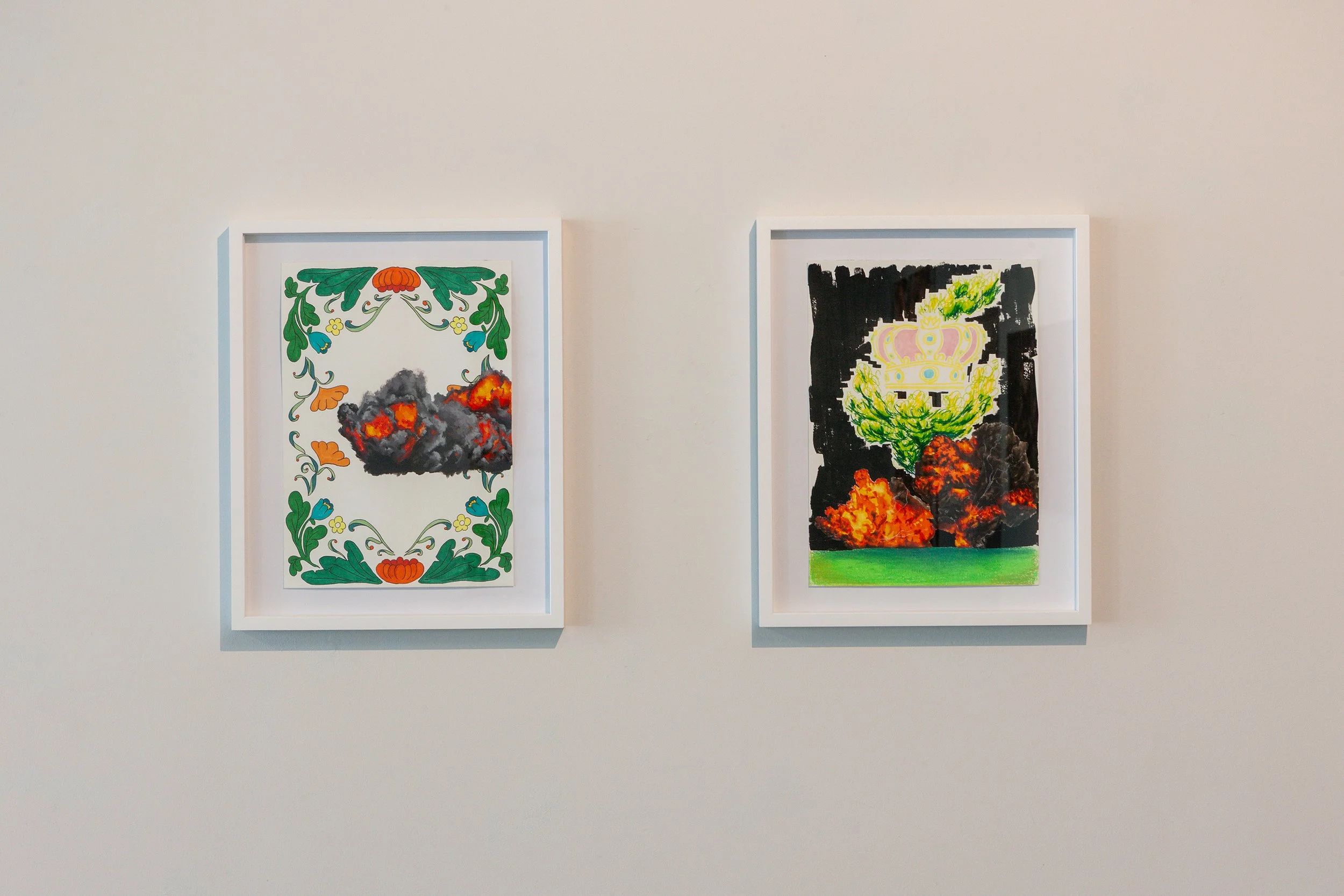 Sahar Zukerman
1. No News, From the burning bush series, 2024, Filzstifte, Buntstifte, Wachsmalstifte und Acryl auf Papier, 42 x 29 cm, Courtesy the artist
2. Customs and Traditions 1, From the burning brush series, 2024 Filzstifte, Tinte und Acryl a