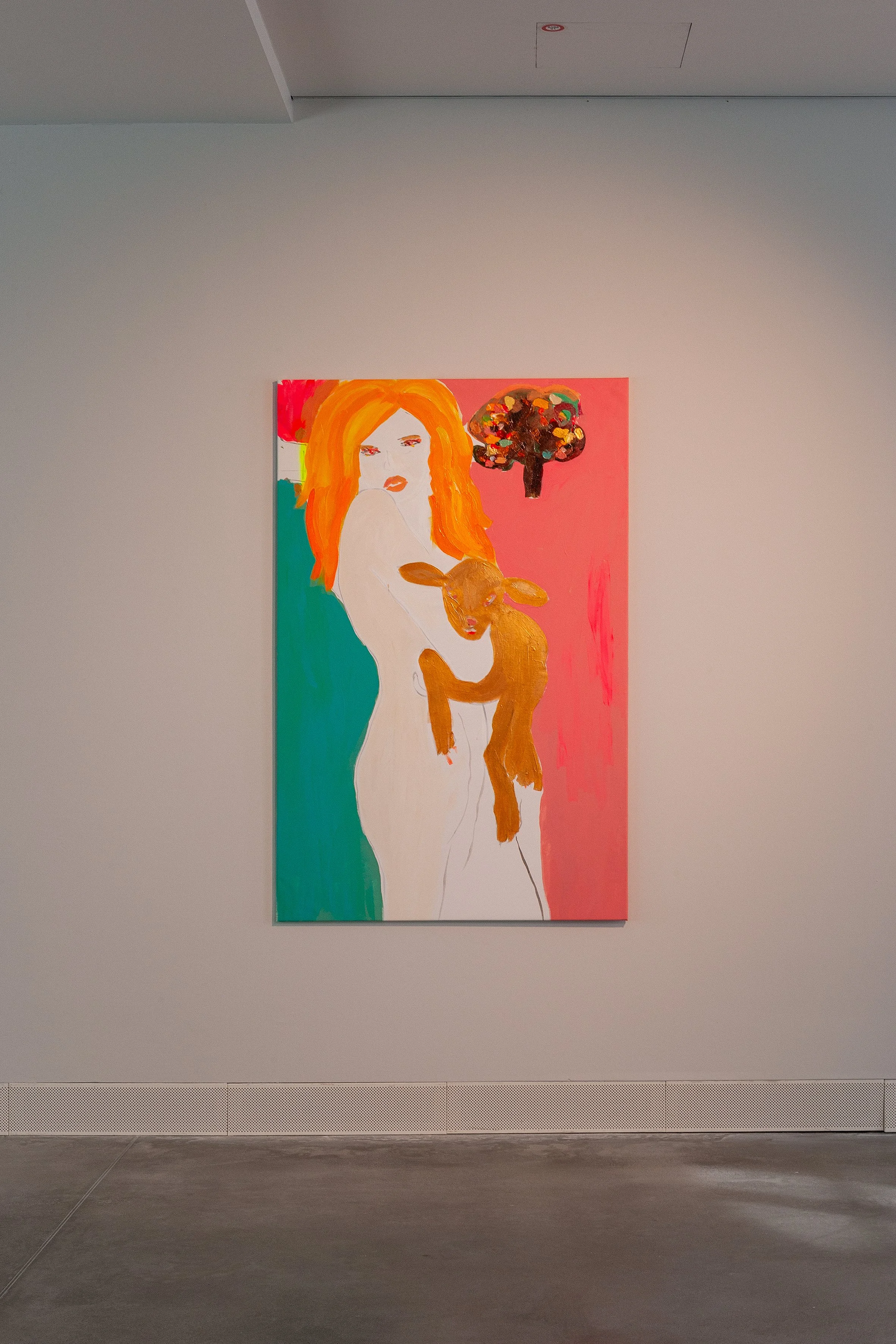 Alona Harpaz
Lamb held in safe hands, 2025, Acrylic and spray on canvas, 170 x 140 cm, Courtesy the artist 
