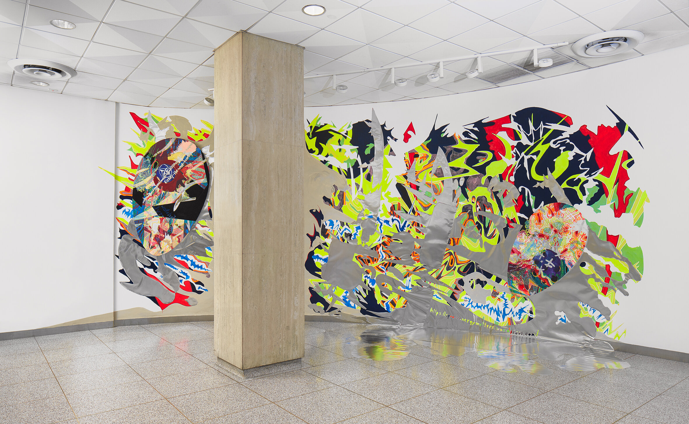 radiationscape 2018, 360 cm x 1000 cm x 250 cm, aluminum, pigments, egg tempera and oil on wall, floor and 2 ovoid canvasses, Art-in-Buildings TEI, 55 5th Avenue, New York City, NY, USA, photo: Sol Hashemi, New York