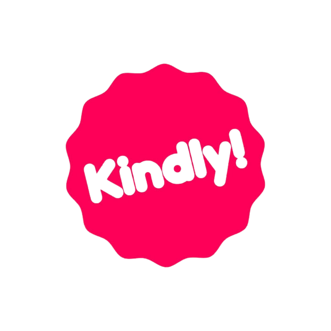 Logo of kindly! written in white on top of pink/redish circle 