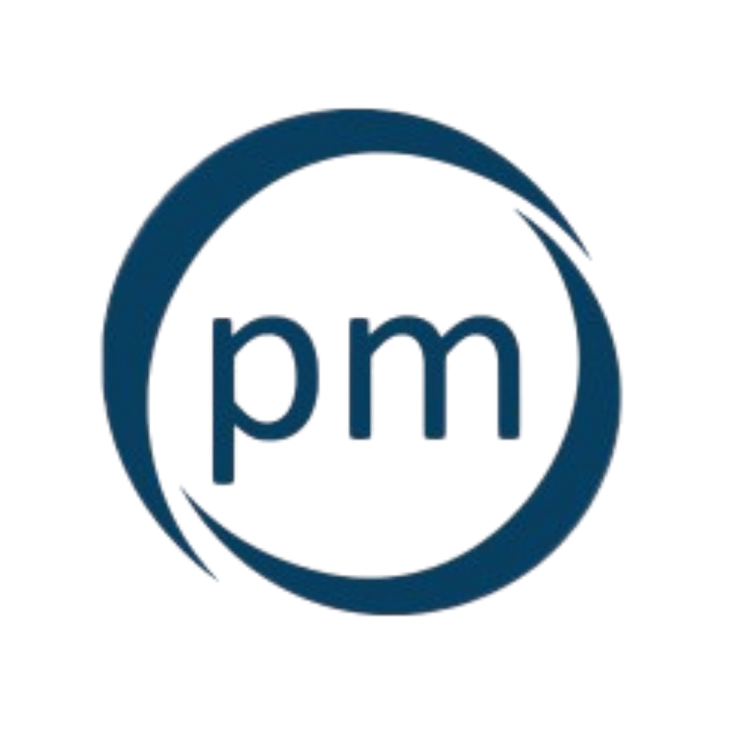 Picture More logo on a white square with the letters pm written in dark blue with a dark blue circle around it