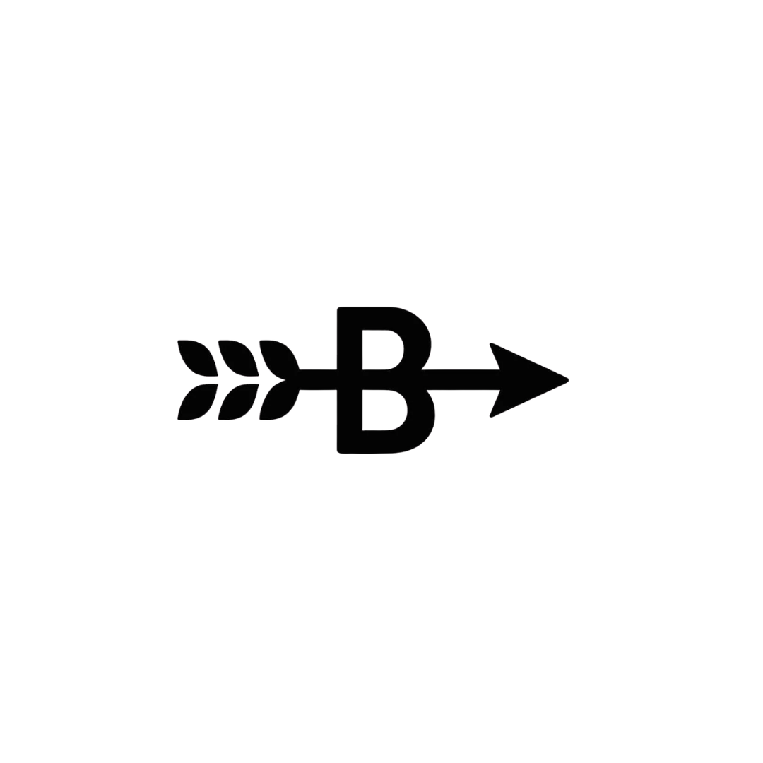 Black arrow with wheat stalk and letter B in the center on a white background.