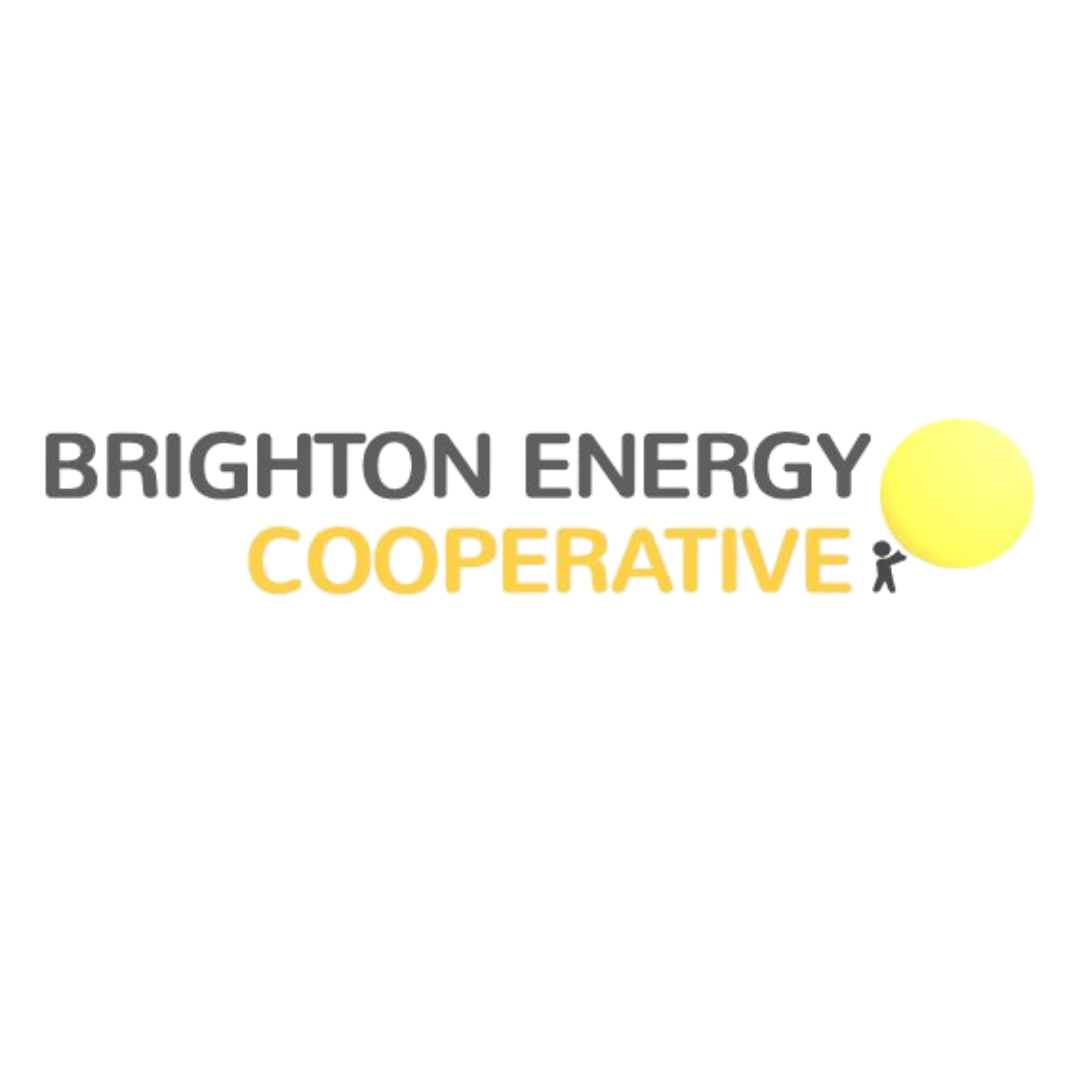 Logo for Brighton Energy Cooperative with the first two words written in white and the last word written in yellow with a tiny stick figure person holding a bright yellow circle