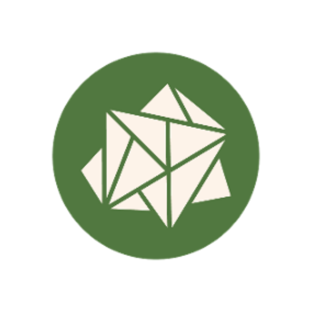 A green circle with a cream colour multiple triangles layered over each other