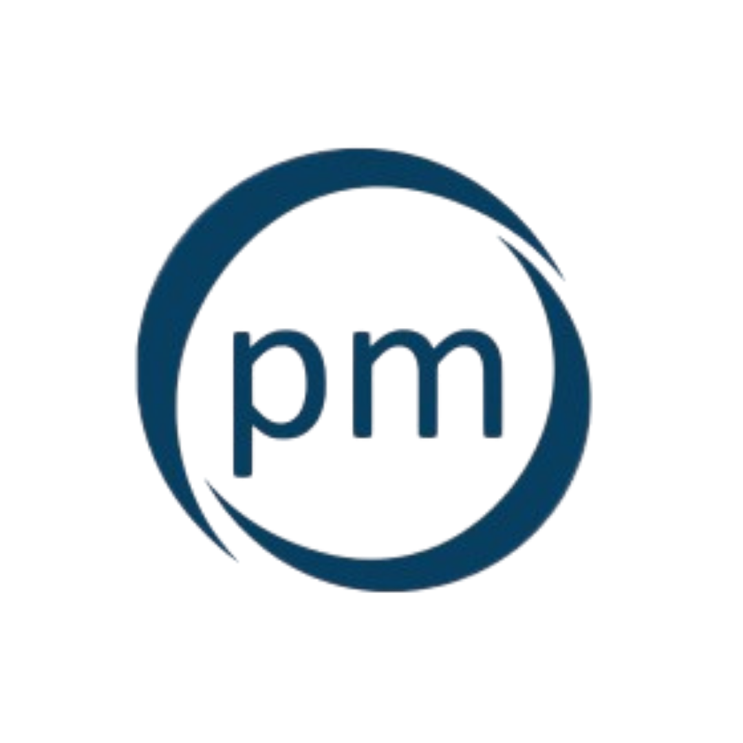 Picture More logo on a white square with the letters pm written in dark blue with a dark blue circle around it