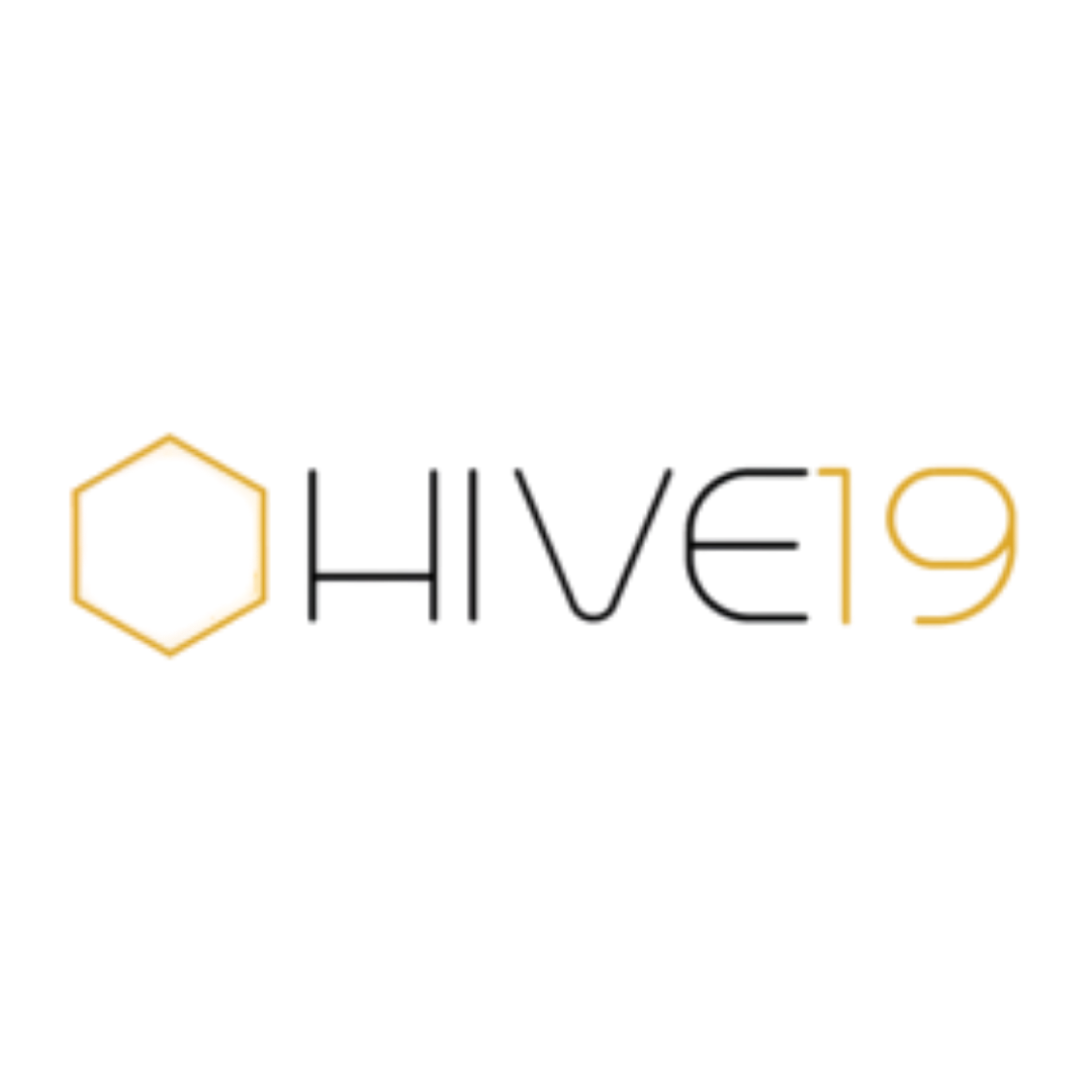Logo of Hive19 written in black with 19 in yellow and a hexagon in yellow