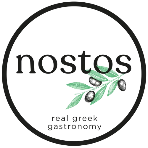 Logo for nostos with it reading "real greek gastronomy" and a drawn olive branch