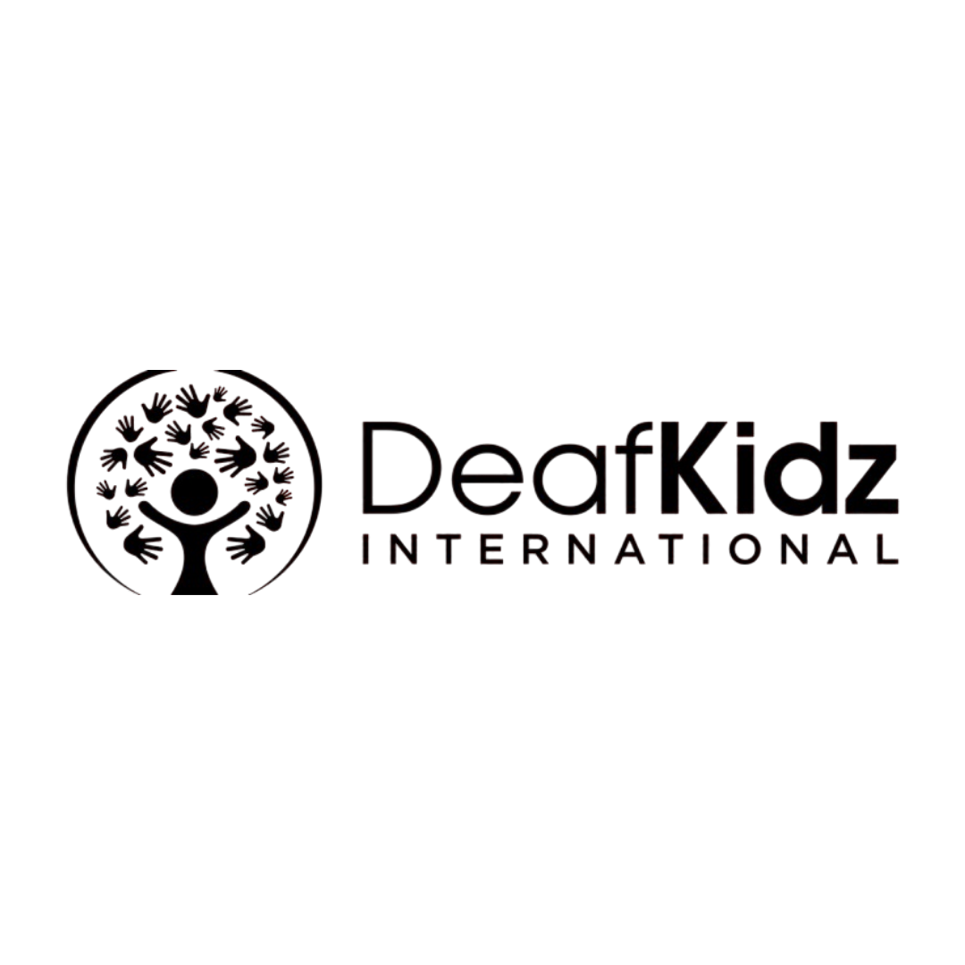 Logo for DeafKidz International next to a circle with a stick figure person in the middle with the outline of multiple hands around the figure