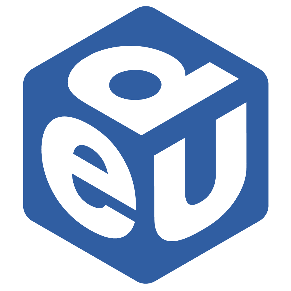 Logo for education cubed, with a dark blue cube with the letters e d u in white