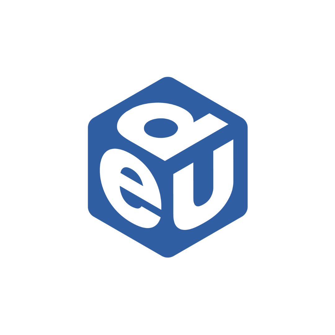 Logo for education cubed, with a dark blue cube with the letters e d u in white