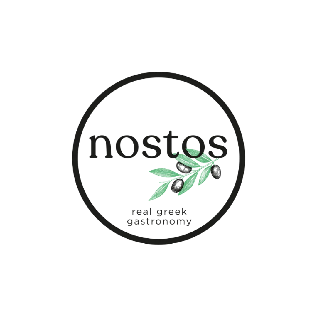 Logo for nostos with it reading "real greek gastronomy" and a drawn olive branch