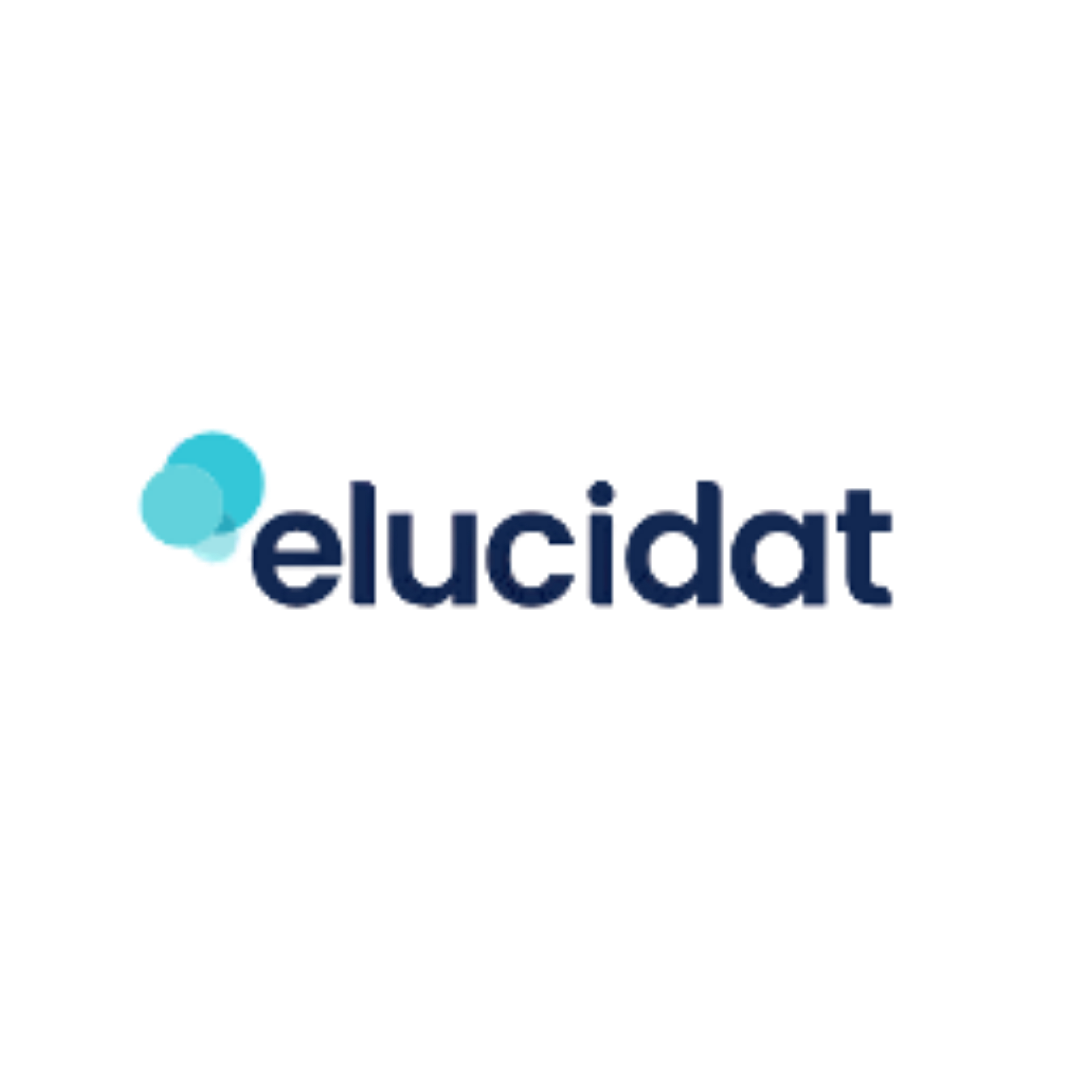 elucidat written in dark blue with three light blue circles above the e
