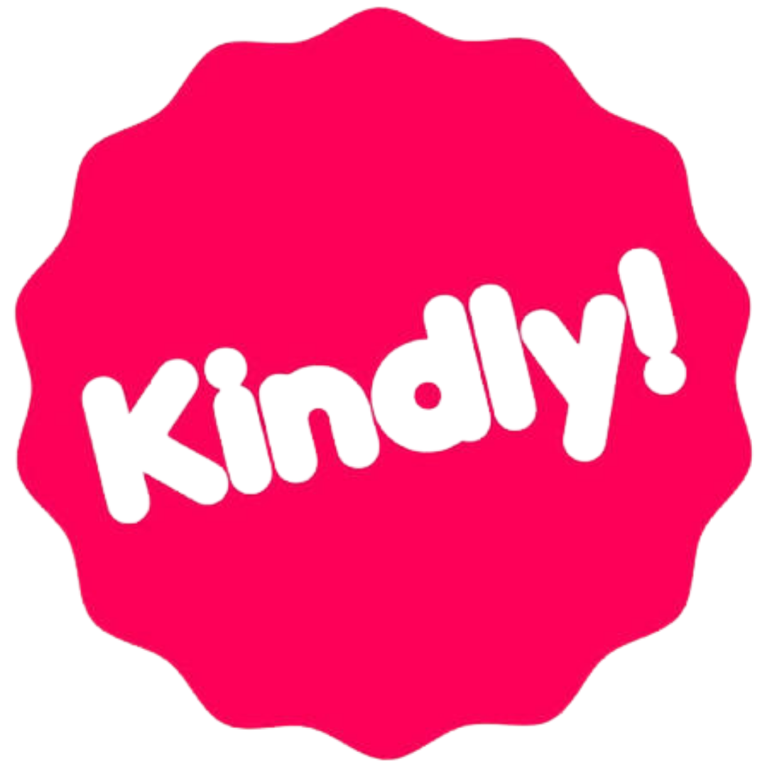 Logo of kindly! written in white on top of pink/redish circle 