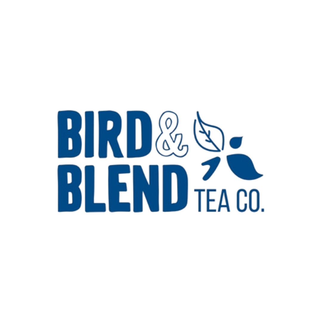 white square with the bird & blend tea co logo written in navy