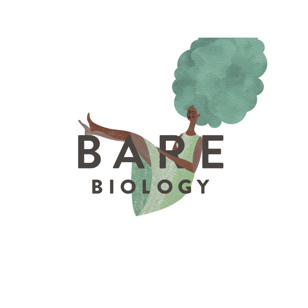Logo of Bare Biology with the brand name written across a woman with big green hair and a green dress with her legs up