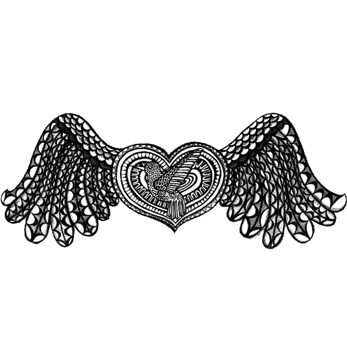 Black and white tattoo-style illustration of a heart with a hummingbird inside, with outstretched wings extending from the heart.