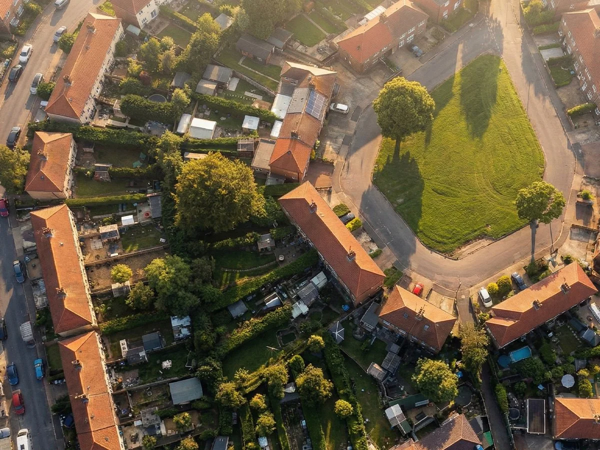Aerial view illustrating roof geometry, site constraints and neighbour relationships for a residential extension project by architect in Worthing.
