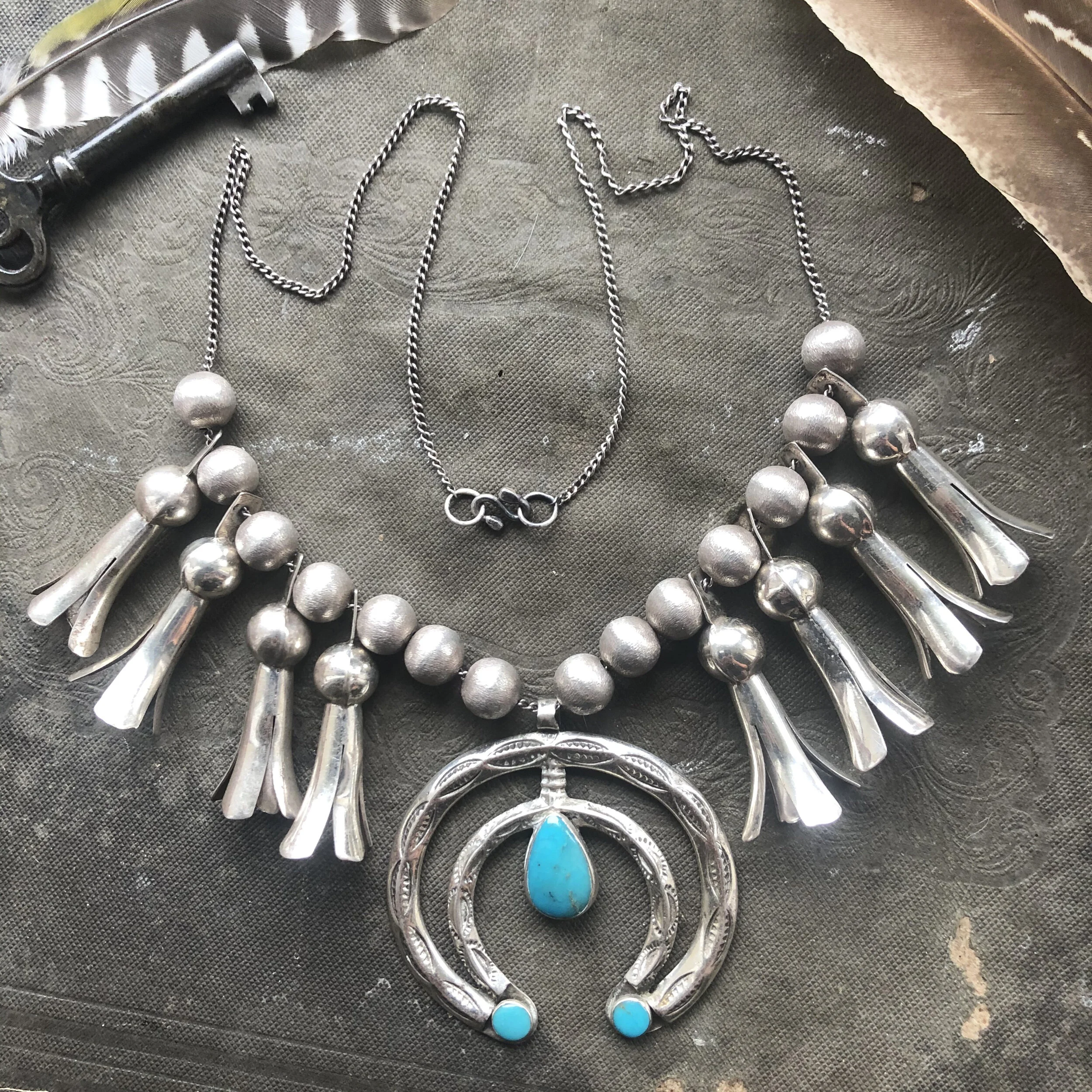 ON HOLD…..Vintage Navajo Silver and Turquoise Squash Blossom Necklace