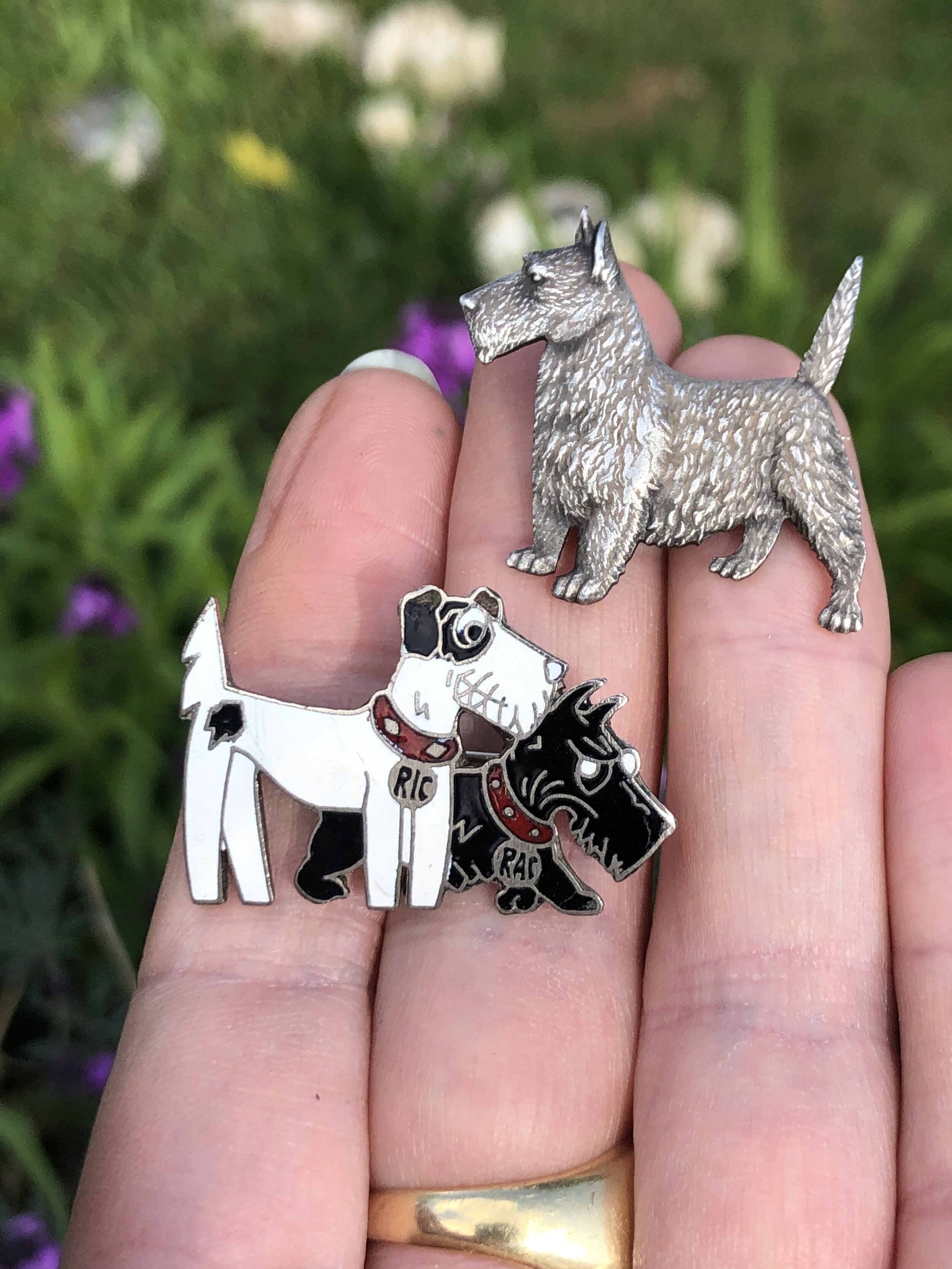 Pair of Antique Scotty Dog Brooches - including enamelled Ric & Rac.