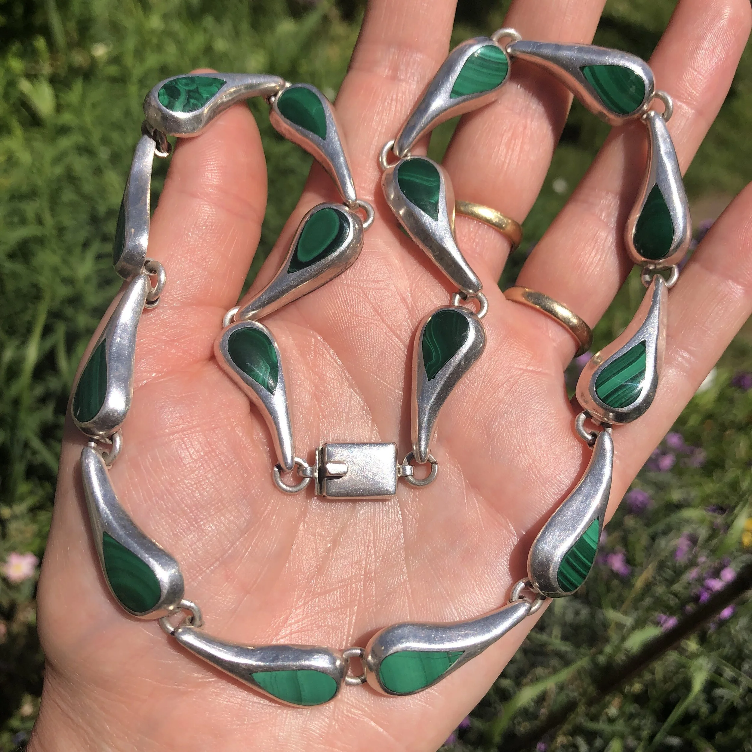 Vintage Mexican Sterling Silver & Malachite Heavy Necklace