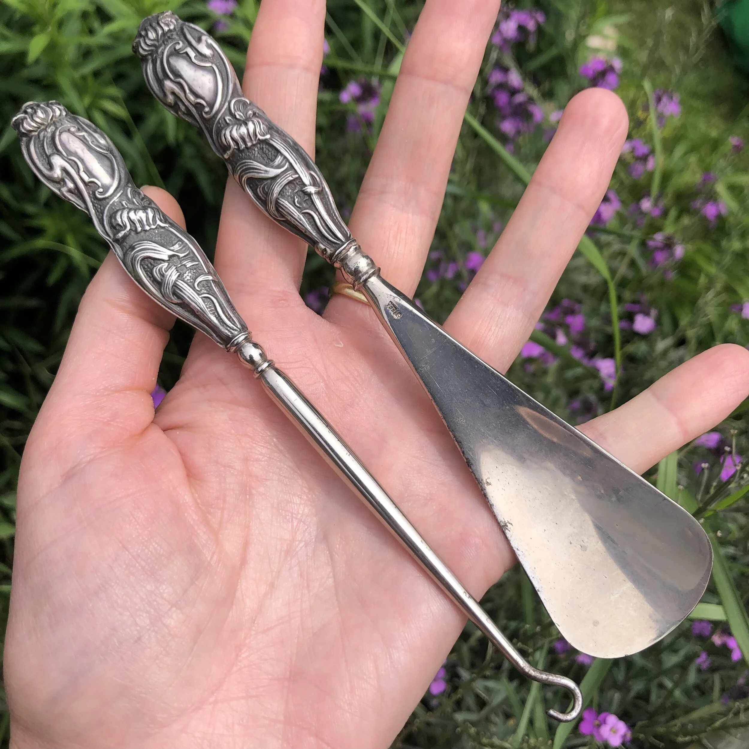 Antique Art Nouveau Button Hook & Shoe Horn Set - Sterling Silver c. 1906