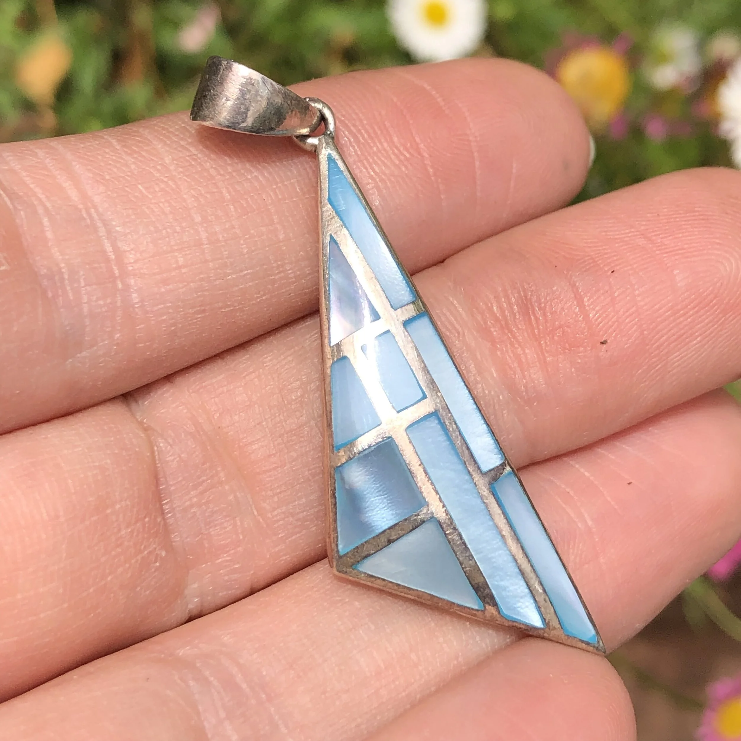 Vintage Sterling Silver & Blue Shell Inlaid Pendant