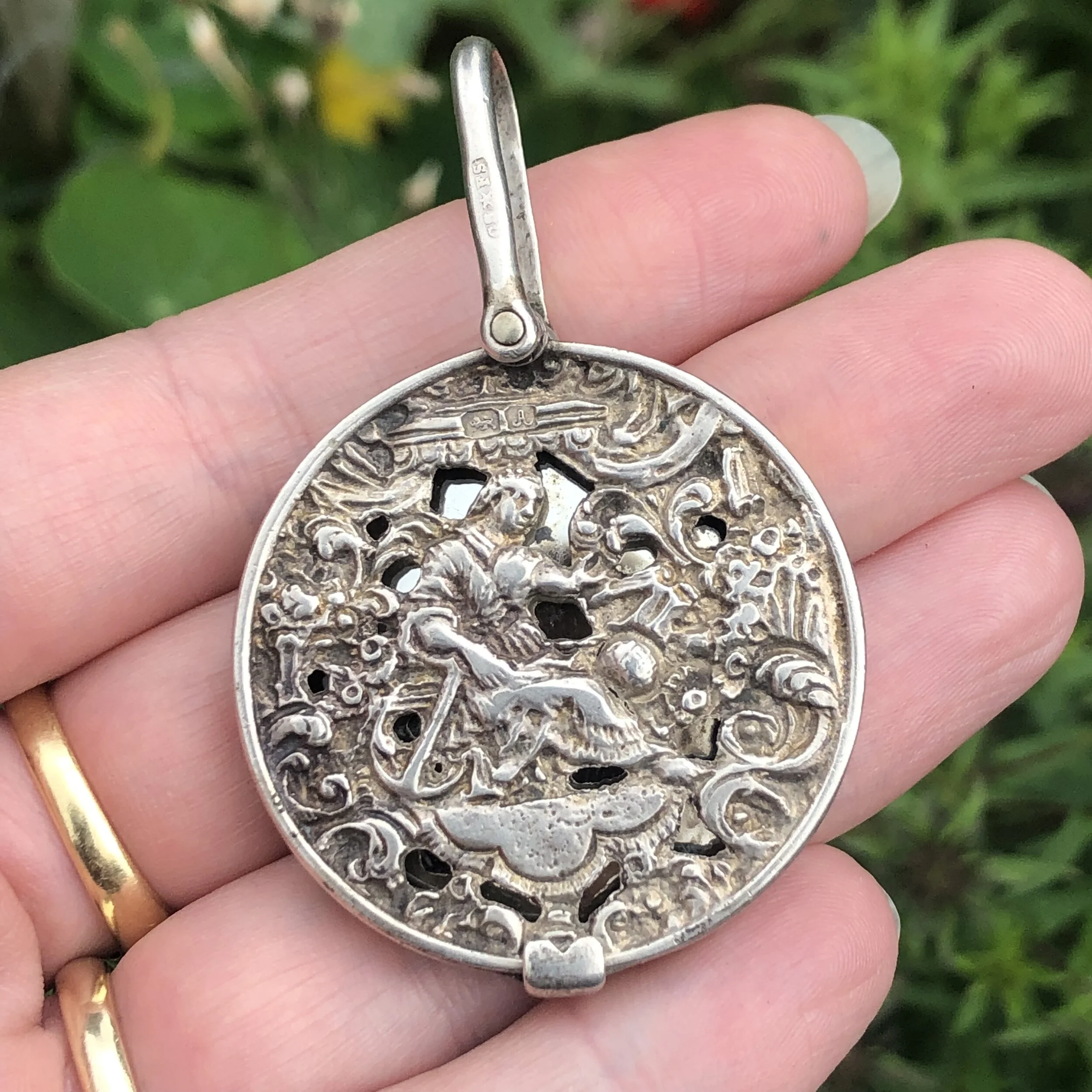 1901 Sterling Silver  Sliding Mirror Pendant - Female Figure With Anchor “Hope”