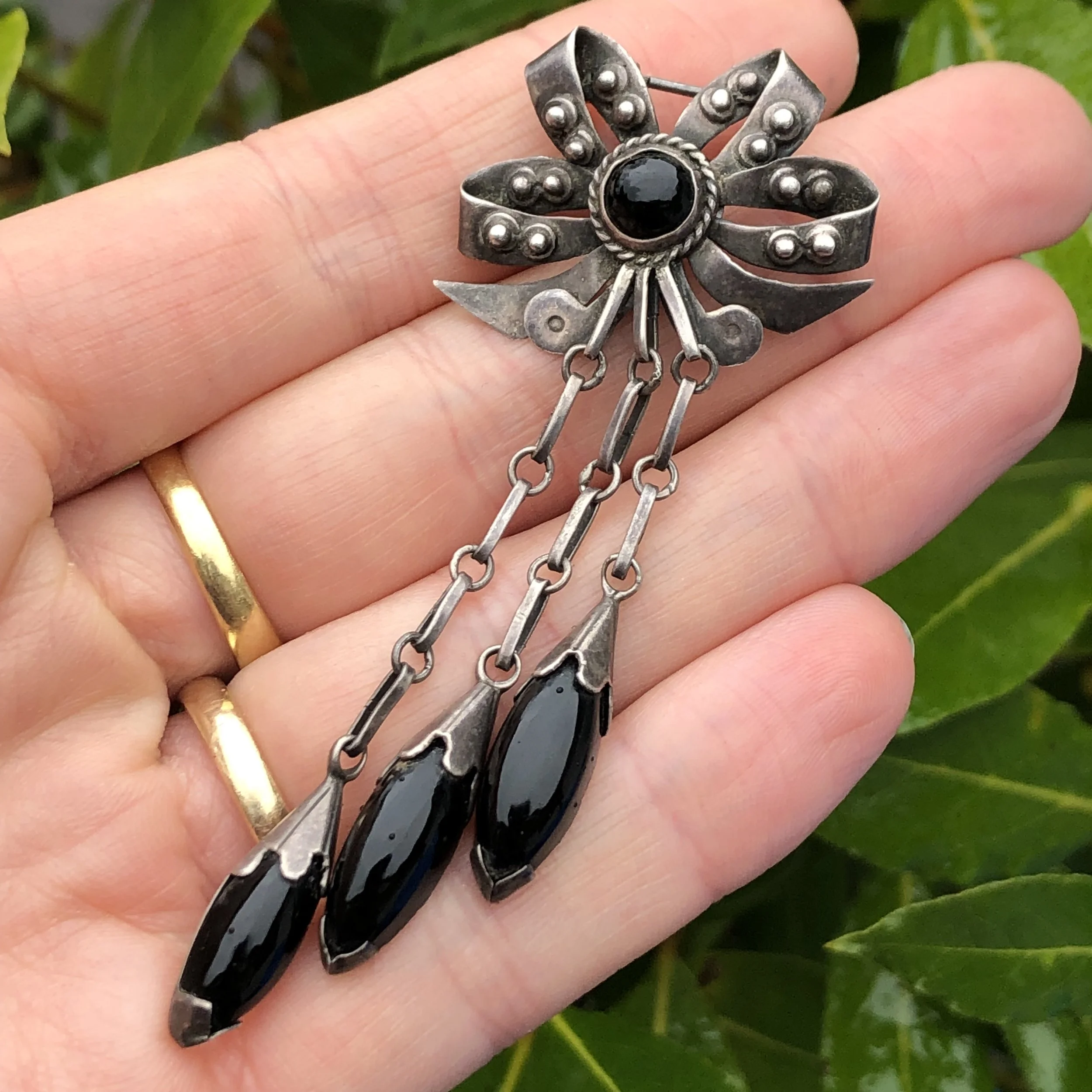 Vintage Mexican Sterling Silver & Black Glass Brooch with Drops