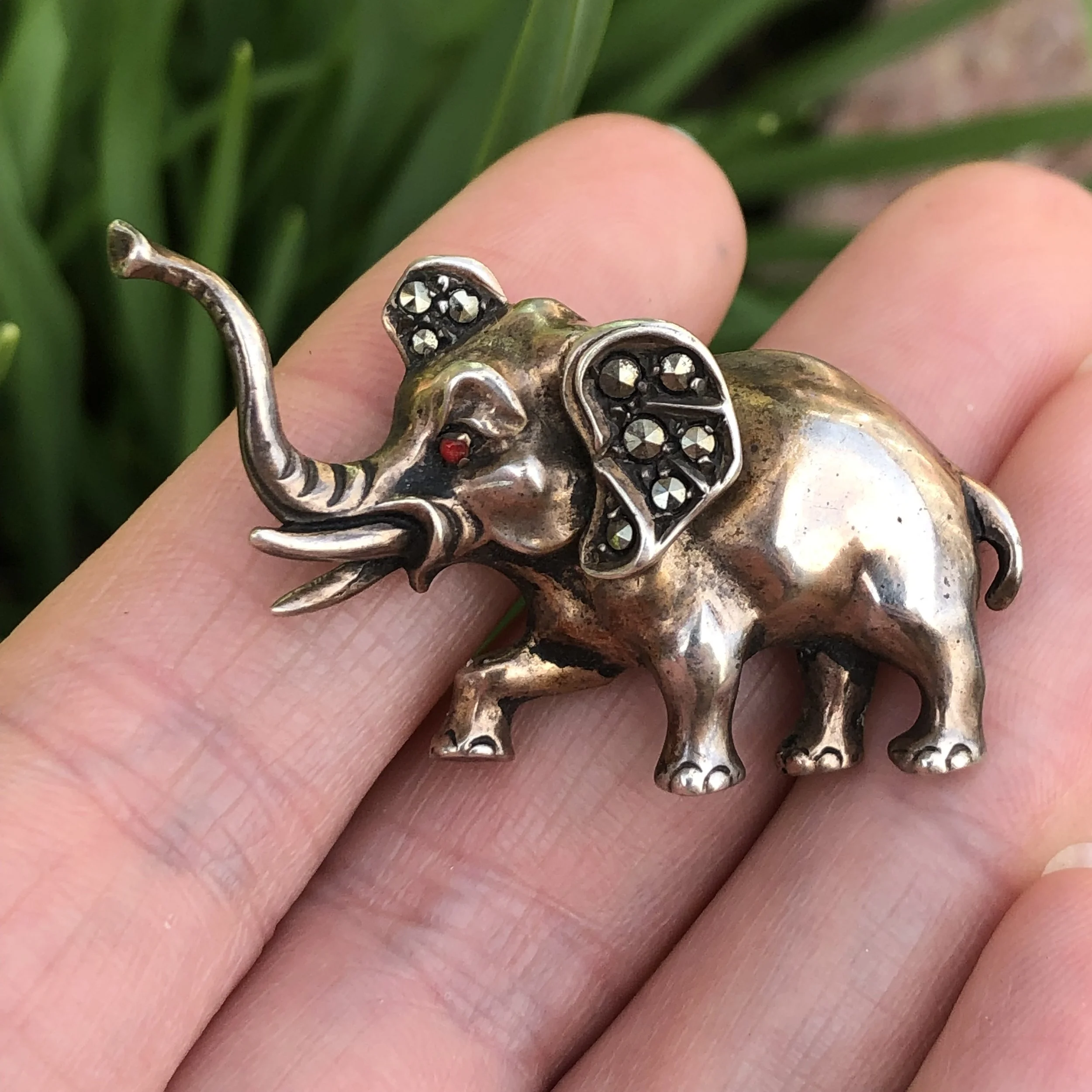 Vintage 835 Silver, Marcasite & Paste Elephant Brooch