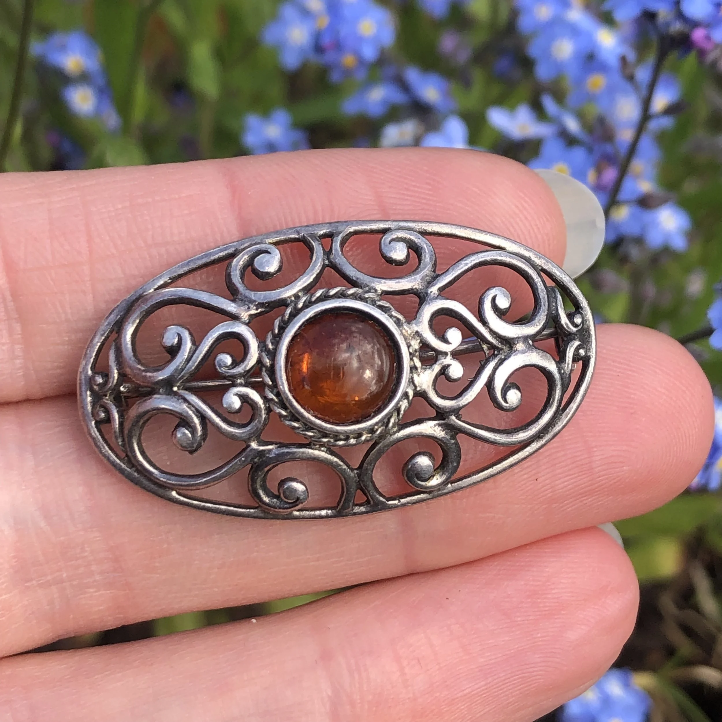 Vintage Sterling Silver & Baltic Amber Brooch