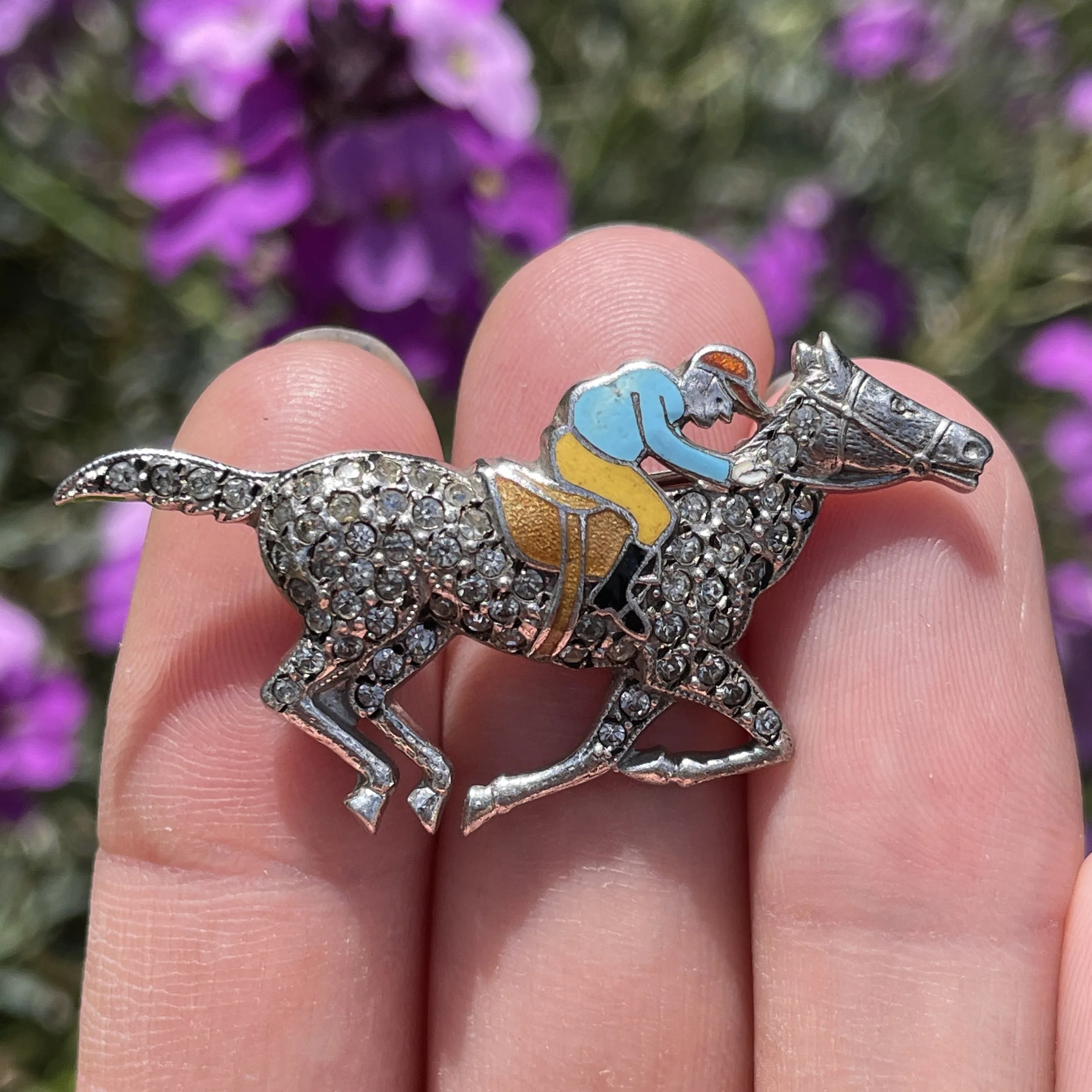 Vintage Sterling Silver, Enamel and Paste Racehorse and Jockey Brooch
