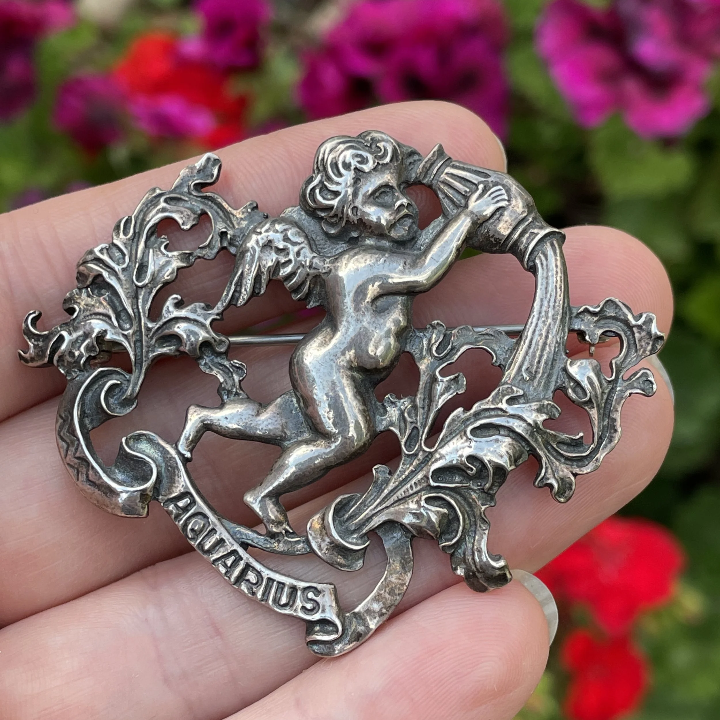Vintage Large Sterling Silver Aquarius Brooch by Cini - Water Carrier Cherub