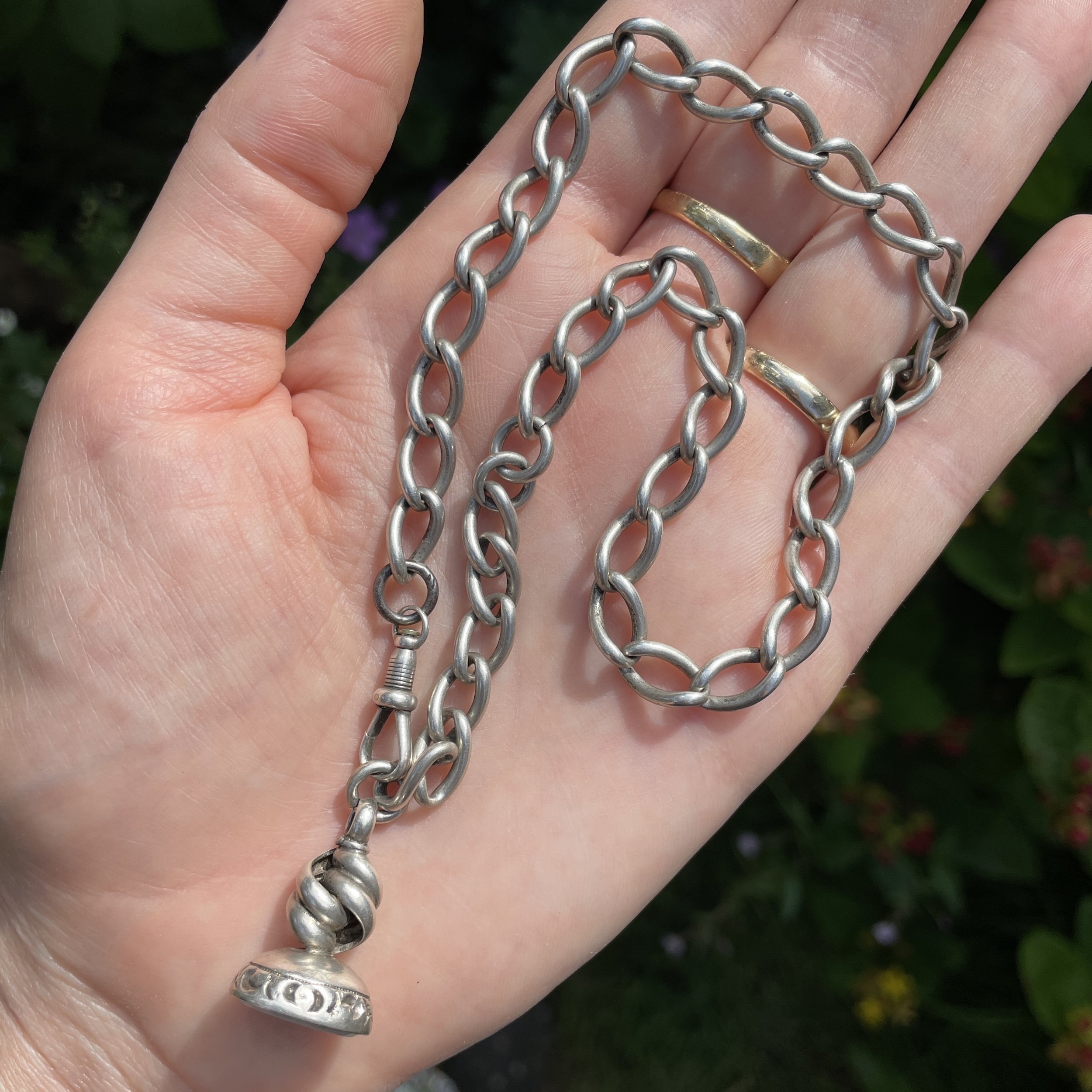 Antique Silver Watch Chain with Dog Clip and Fob - 14.5" Long
