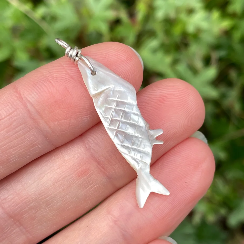 Vintage Antique Mother of Pearl Carved Fish Pendant with Sterling Silver Bale The Ruby Foxes