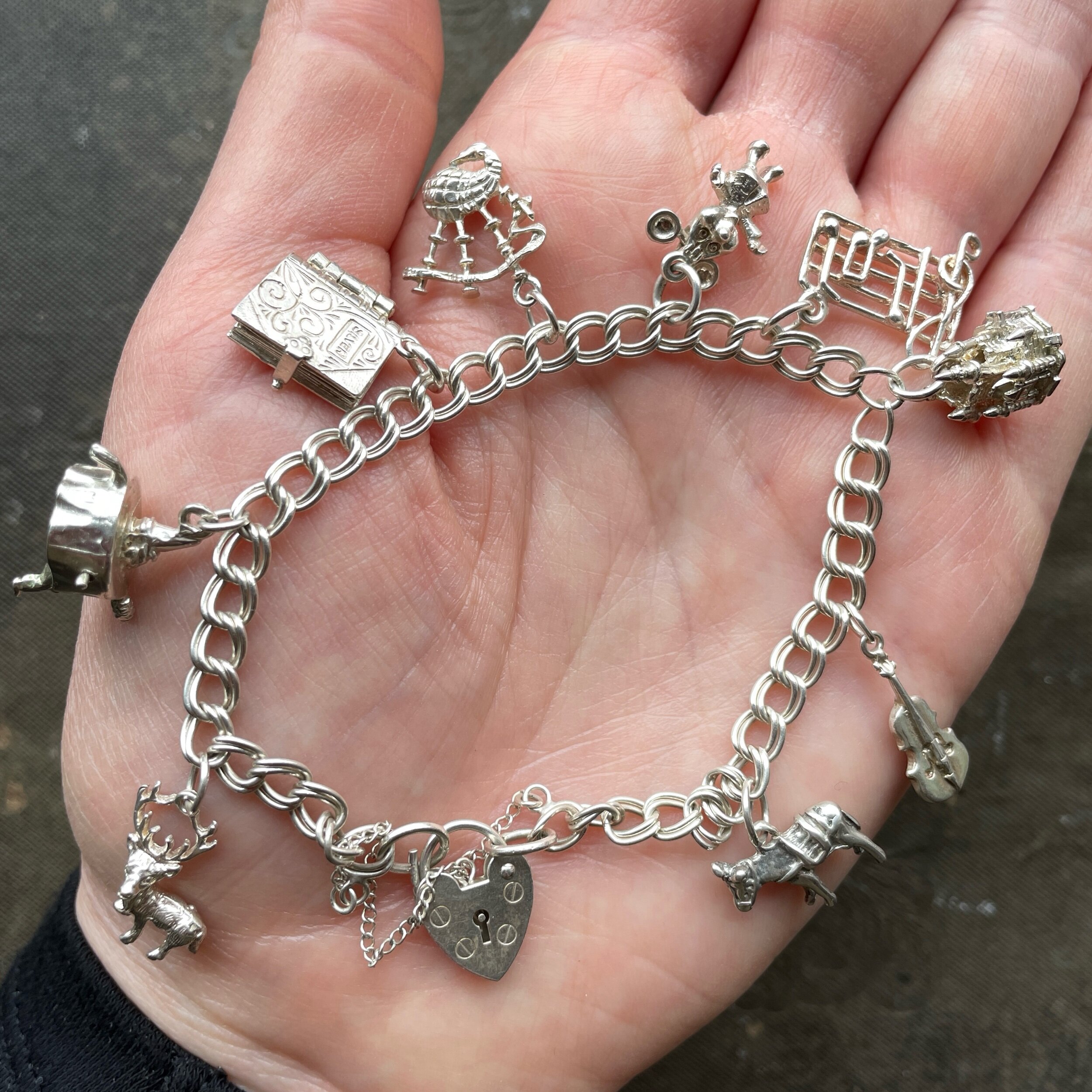Vintage Full Sterling Silver Charm Bracelet Padlock Clasp and 16 Charms 47 Grams The Ruby Foxes