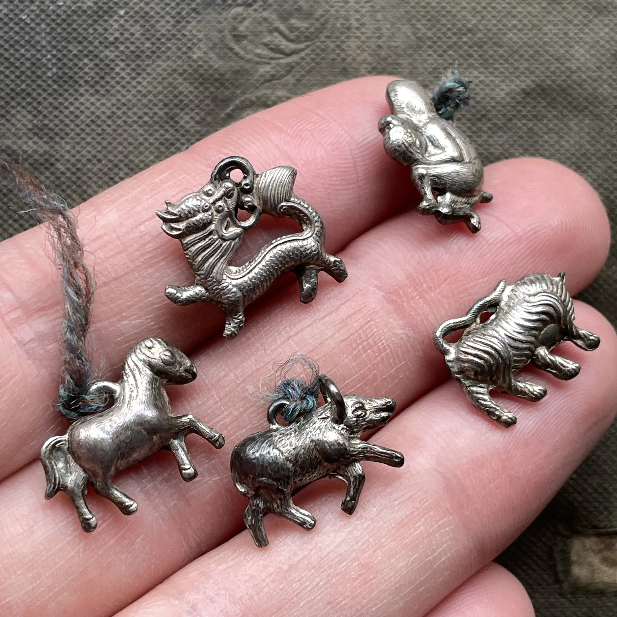 Antique Set of 5 Chinese Zodiac Animal Charms - White Metal