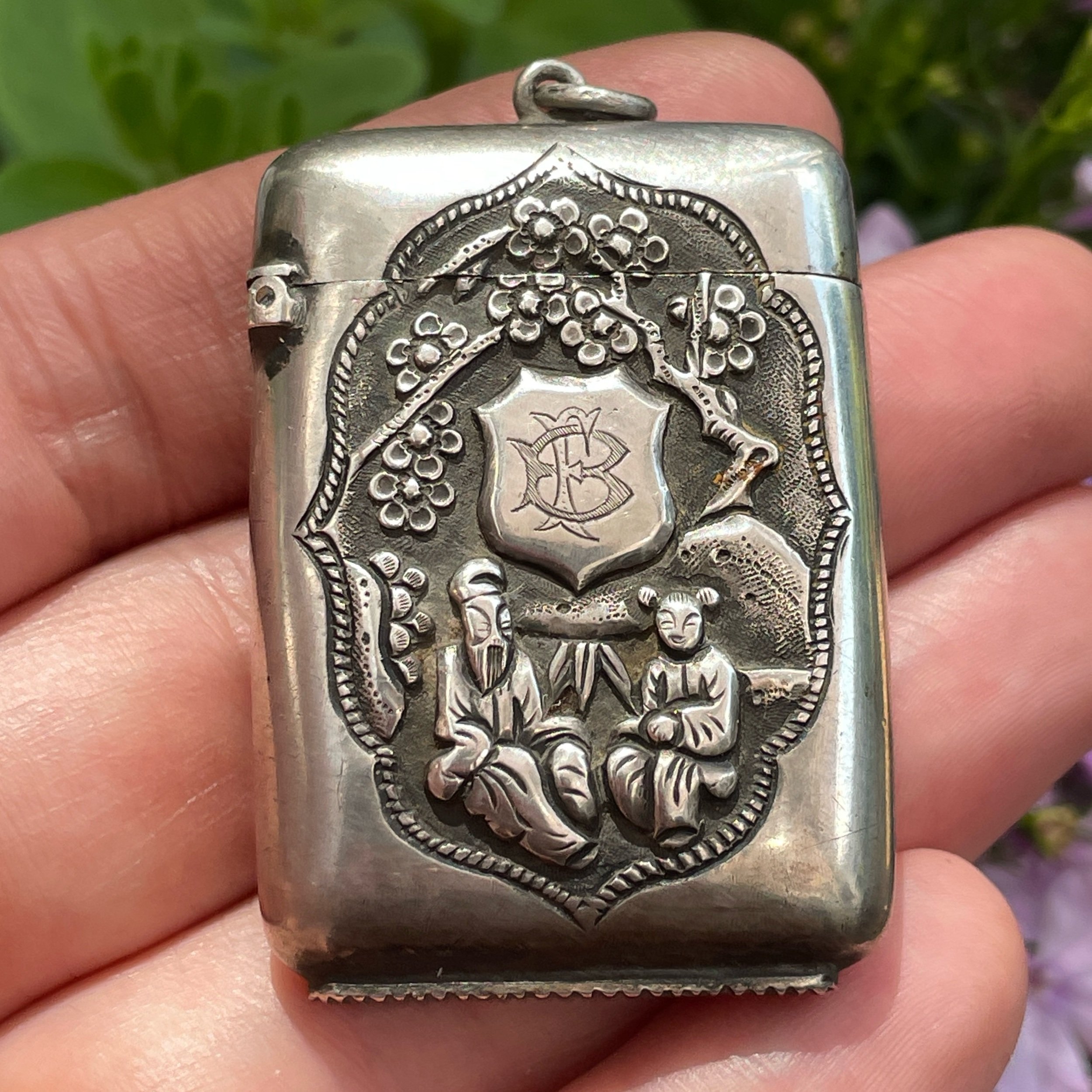 Antique Chinese Export 800 Silver Vesta Case Locket / Pendant with Figures and Bamboo