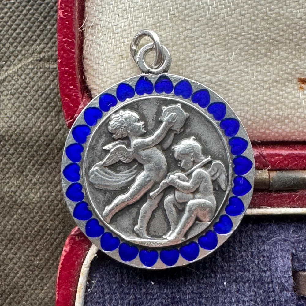 Paul Vincze Sterling Silver Cherubs Pendant with Enamel Hearts