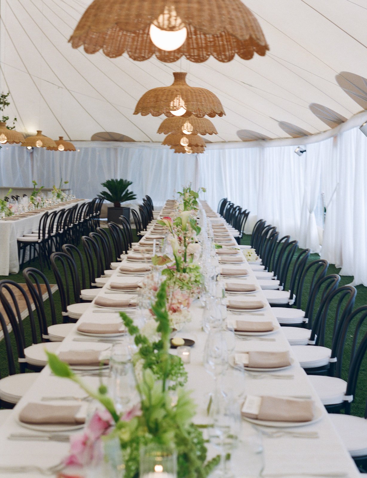 Long banquet table set for a formal event with plates, napkins, glassware, and floral centerpieces inside a white tent with hanging wicker lamps.