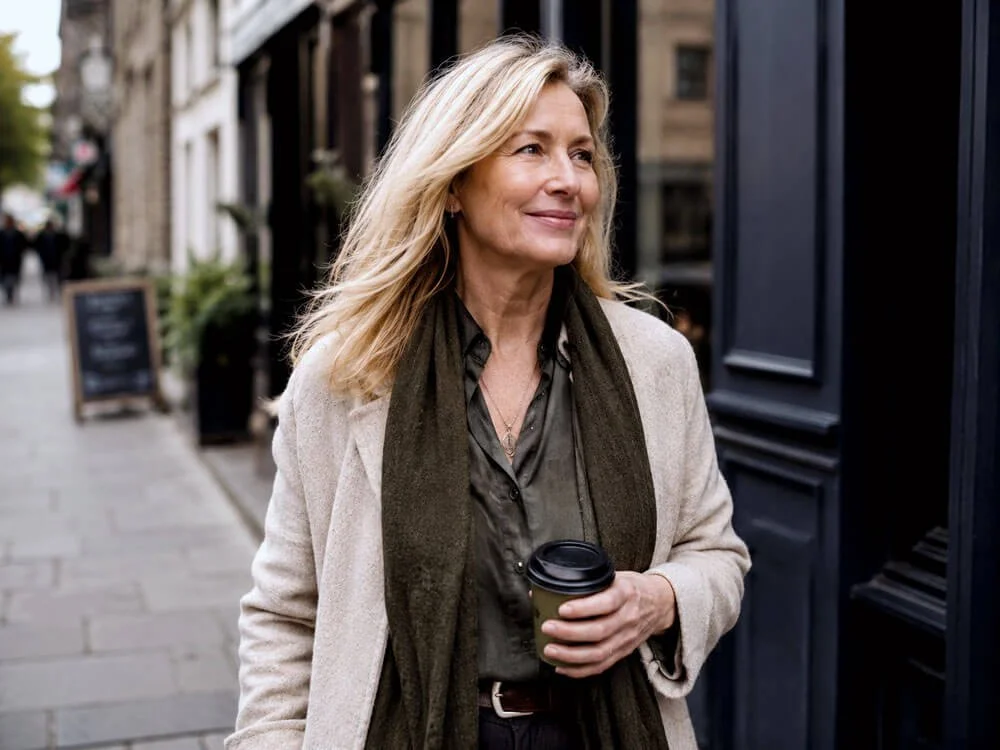 Woman in her 50s walking through an urban street, looking relaxed and confident in soft natural light.