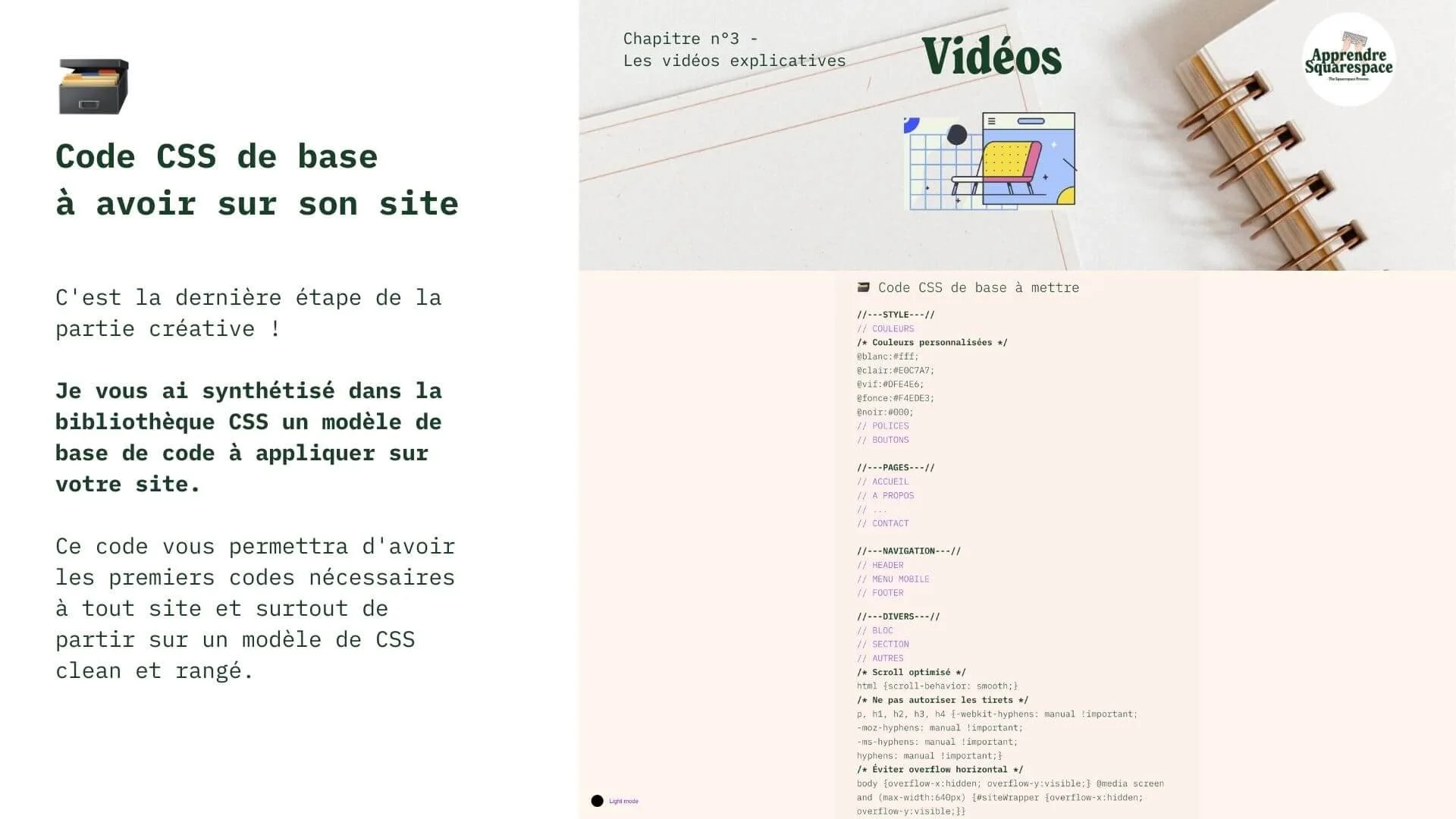 Code CSS de base à mettre (5 pages + 9min tuto)