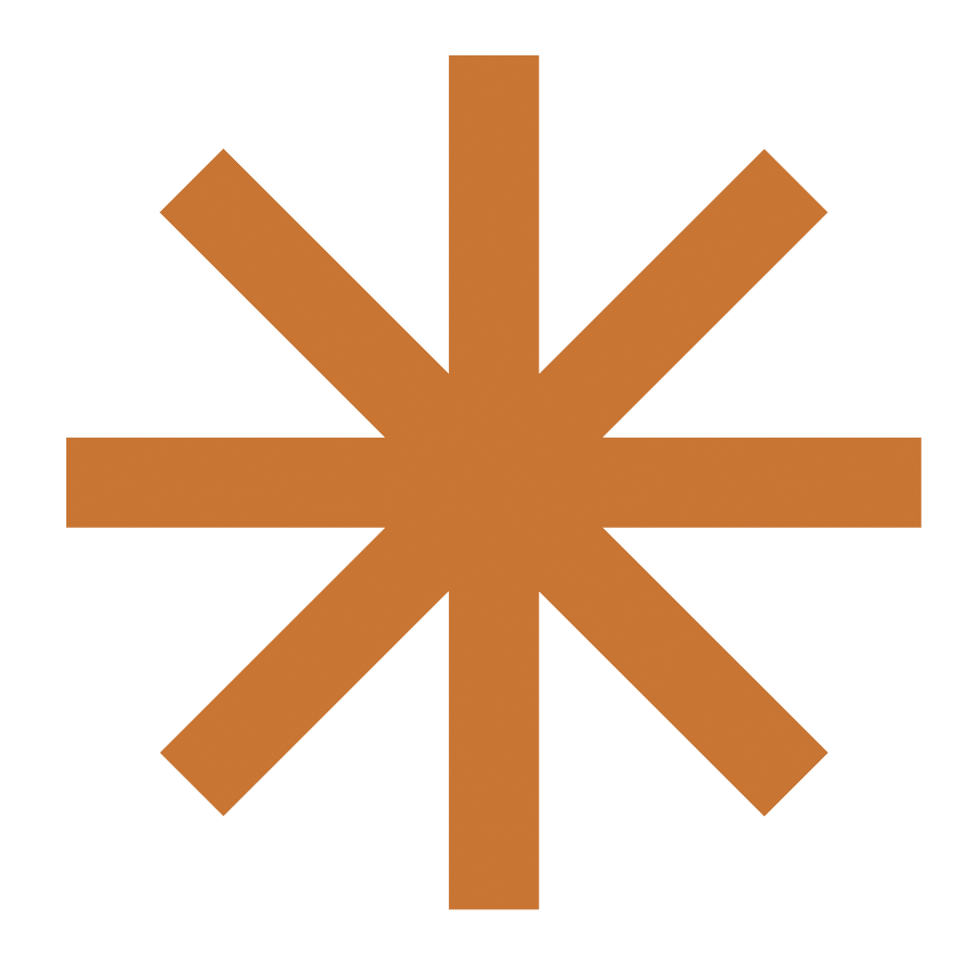 Ein braunes Symbol, das mehreren Pfeilen ähnelt, die nach außen in alle Himmelsrichtungen zeigen, auf schwarzem Hintergrund.